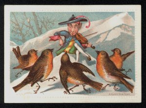 Tomte med en fiol som underhåller en grupp rödhaker, hälsningskort för nyår. (chromolitho) av English School
