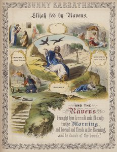 Elia matad av korpar (färgad gravyr) av English School