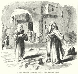 Elijah mötte henne när hon samlade bränsle för att laga sin sista måltid (gravyr) av English School