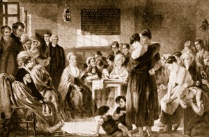 Elizabeth Fry läser Bibeln i ett fängelse av English School