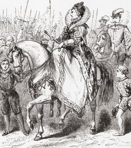 Elizabeth I inspekterar sina trupper vid Tilbury Port, 1588, från Ward and Locks Illustrated History of the World, pub. c.1882 av English School