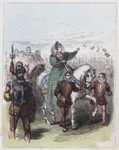 Elizabeth granskar trupperna i Tilbury (färgad gravyr) av English School