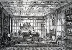 Elizabethan Dining Room, publicerad i The House-Furnisher & Decorator, 1 oktober 1872 av English School