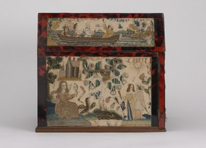 Broderad kista, ca 1660 (silke, canvas, trä, sköldpaddsskal och silverfästen)