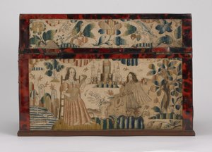 Broderad kista, ca 1660 (silke, canvas, trä, sköldpaddsskal och silverfästen)