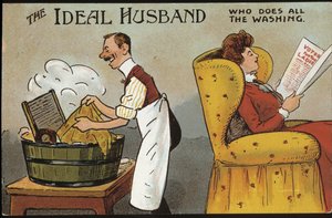 Engelsk tecknad film (ideal make): den idealiska maken (som sköter all tvätt) - vykort, n.d., cirka 1920. av English School