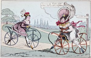 Engelsk tecknad serie om hobbyhästar 1819 (första cyklarna) - i "" Teoretisk och praktisk cykling"" av Baudry de Saulnier av English School