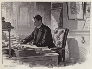 Den engelske politikern George Curzon arbetar på sitt kontor på Indienkontoret (litho) av English School
