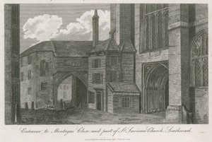 Ingången till Montague Close och en del av St Savios Church, Southwark, Surrey av English School