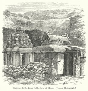 Ingång till Indra Subha-grottan vid Ellora (gravyr) av English School