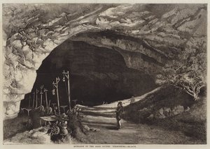 Ingång till Peak Cavern, Derbyshire (gravyr) av English School