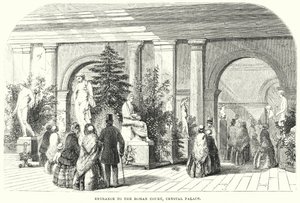 Ingången till den romerska domstolen, Crystal Palace (gravyr) av English School