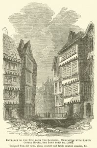 Entré till sidan från Sandhill, Newcastle med Katys Coffee House, Lort Burn etc, 1640, designad utifrån gamla vyer, planer, befintliga och nyligen existerande lämningar, etc. av English School