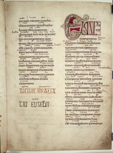 Eusabiusbrev till Carpianus, från "Lindisfarne-evangelierna", 710-21 (vellum) av English School
