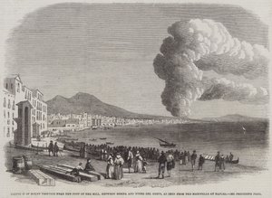 Utbrott av Vesuvius nära foten av kullen, mellan Resina och Torre del Greco, sett från Marinella vid Neapel (gravyr) av English School