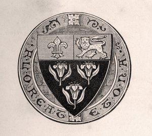 Eton-sköld lagt över rundel med skolmotto, illustration från Memoirs of Eminent Etonians, av Sir Edward Creasy publicerad London 1876 av English School