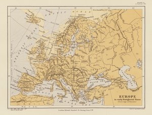 Europa under tidig postglacial tid (färglitografi) av English School