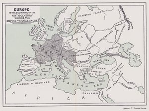Europa i början av 800-talet med Karl den stores rike (färglitografi) av English School