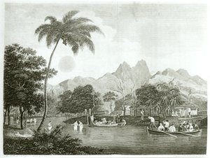 Europeiska missionärer i en by på Tahiti, från en missionsresa till södra Stilla havet utförd under åren 1796-98 i Ship Duff, publicerad 1799 av English School