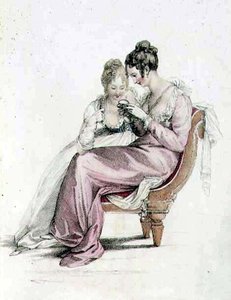 Kvälls- eller helklänning, modetallrik från Ackermanns Repository of Arts (färgad gravyr) av English School