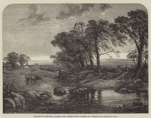 Utställning av Royal Academy, "Evening Hour" (gravyr) av English School