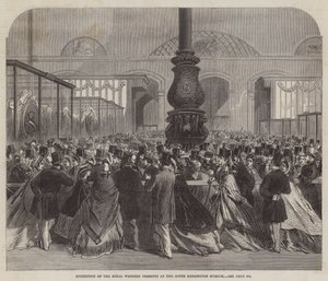 Utställning av de kungliga bröllopspresenterna på South Kensington Museum (gravyr) av English School