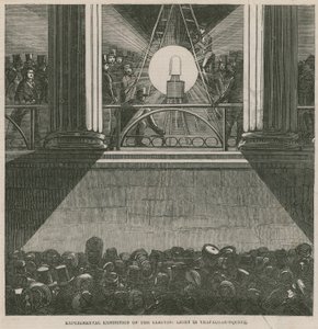 Experimentell utställning av det elektriska ljuset på Trafalgar Square, London av English School