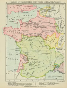 Omfattningen av de engelska erövringarna i Frankrike, AD 1429 (färglitografi) av English School