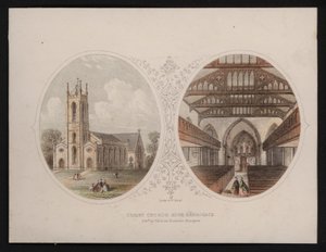 Exteriör och interiör vyer av Christ Church, Harrogate, Yorkshire (färgad gravyr) av English School