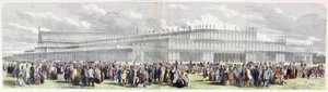 Exteriör av Crystal Palace uppfört i Hyde Park för utställningen av alla nationers industri (färgad gravyr) av English School