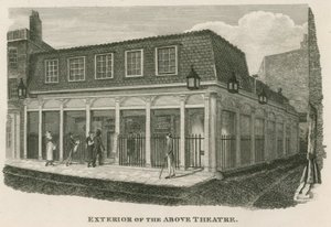 Exteriör av Royal Olympic Theatre, Wych Street, nära Drury Lane, London av English School