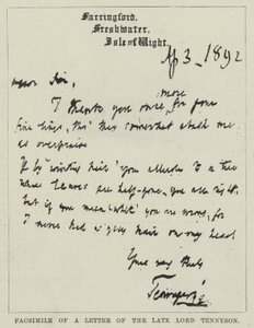 Faksimil av ett brev från framlidne Lord Tennyson (gravyr) av English School