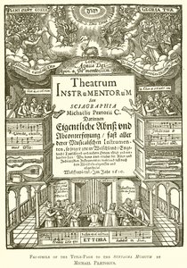 Faksimil av titelsidan till Syntagma Musicum av Michael Praetorius av English School