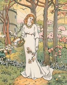 Fair Emelye samlar blommor. "The Fairness of the Lady att jag ser Yonde i gardyn romynge fram och tillbaka" av English School