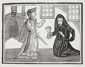 Fair Rosamond blir förgiftad av drottning Eleanor, illustration från Chap-books of the Arteenth Century av John Ashton, pub. 1882 av English School