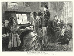 Familj som spelar musik tillsammans (gravyr) av English School