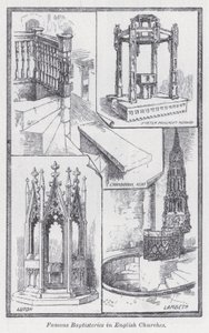 Berömda baptisterier i engelska kyrkor (litho) av English School