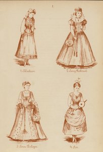 Maskeraddräkter: Alsace, Amy Robsart, Anne Boleyn, Air (litografi) av English School