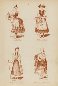 Maskeraddräkter: Folly, Flower Girl, Foolwoman, Newhaven Fish Girl (litografi) av English School