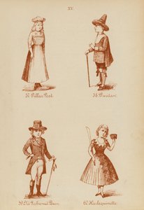 Maskeraddräkter: Pelarstolpe, puritan, gammaldags bönor, harlekinette (litografi) av English School