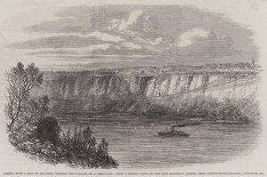 Farina, med en man på ryggen, korsar Niagara på en lina, från Clifton House Balcony, 29 augusti 1860 (gravyr) av English School