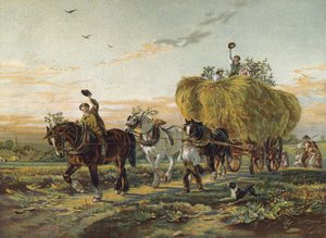 Bönder som återvänder från fälten med Hay Wagon