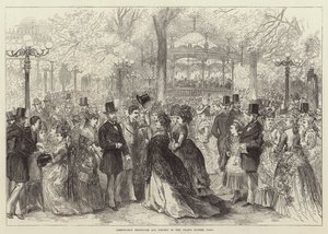 Fashionabla strandpromenad och konsert i Champs Elysees, Paris (gravyr) av English School