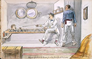 Fäst ordentligt från huvud till krona... - pastorn får en sjömansbehandling för sjösjuka, från Ye Pilgrimage of ye Revnd. Simpleheart, Adventures of a naiv Missionary in the South Seas, av English School