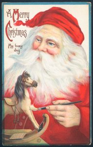 Jultomten målning gunghäst, julkort av English School
