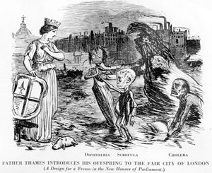 Fader Thames introducerar sin avkomma till Fair City of London, avkommorna är Diphtheria, Scrofula och Cholera. Mer ett öppet avlopp än en flod, den vidriga delstaten Themsen i London. av English School