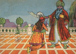 Fatima knäböjande inför Blåskägg (färglitografi) av English School