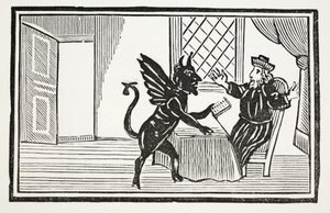 Faustus varnade av Anden att förvänta sig hans slut, illustration från Chap-books of the Eighteenth Century av John Ashton, pub. 1882 av English School