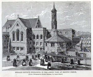 Kvinnliga dömda tränar i luftningsgården i Brixton Prison, från "The Criminal Prisons of London and Scenes of Prison Life" av Henry Mayhew (1812-87) och John Binny av English School