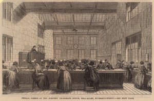 Kvinnliga kontorister på Electric Telegraph office, Bell Alley, Moorgate Street av English School
